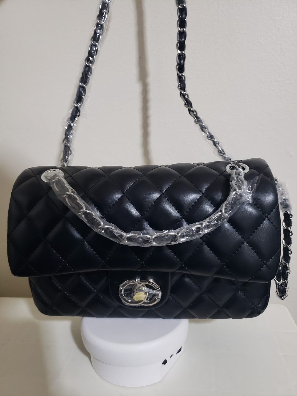 Black Quilted Shoulder Bag with Chain Strap - Unbranded